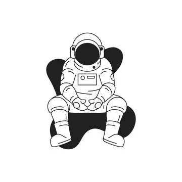 Y2k comic astronaut tired sitting at outer space outline icon vector flat ill Stock Illustration