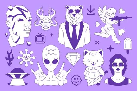 Y2k comic neo gothic glam Kawaii retro groovy line icon set contemporary po.. Stock Illustration