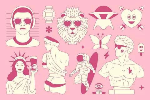 Y2k comic retro groovy psychedelic pink outline icon set vector flat illust.. 스톡 일러스트