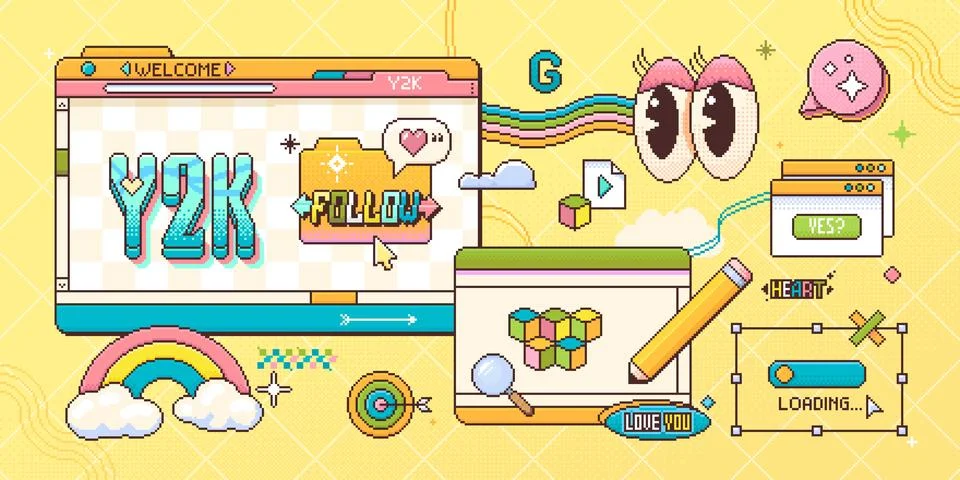Y2K computer pixel window panels retro 8 bit icons Stock Illustration