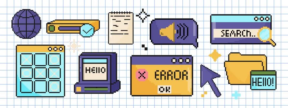 Y2K computer windows set. Pixel art objects in 8 bit style. Retro 80s, 90s .. Stock Illustration