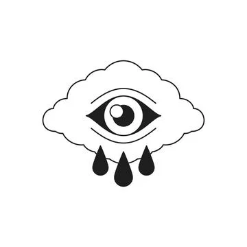 Y2k crying cloud with eye tears drops psychedelic monochrome line retro gro.. Stock Illustration