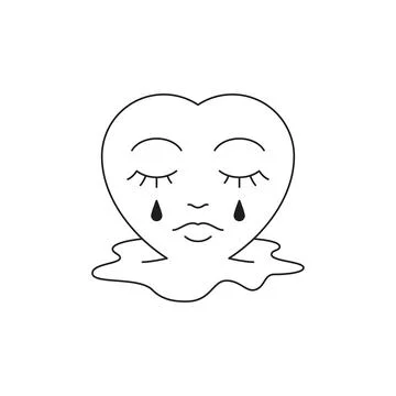 Y2k crying heart with tears puddle comic cartoon character monochrome line .. Stock Illustration