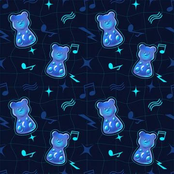Y2K cyber seamless pattern with 3D neon blue gummy bear and music notes Stock Illustration
