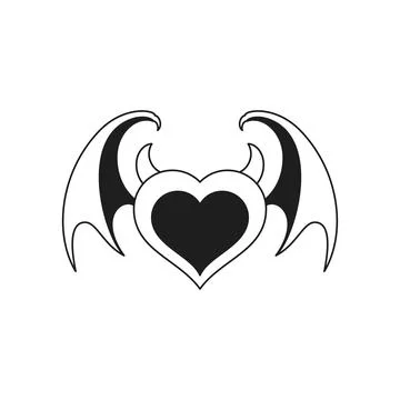 Y2k devil heart with horns and bat wings Halloween comic monochrome line re.. Stock Illustration