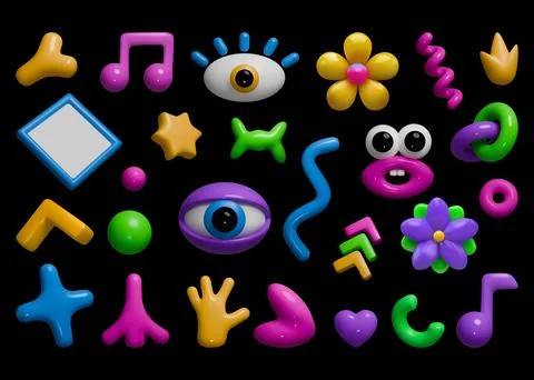 Y2K elements. Flower music 3D shapes. Fun abstract graphic with glossy plastic Stock Illustration
