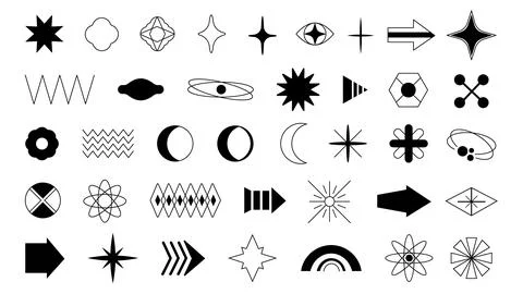 Y2k elements geometric shape and stars. Minimalist 80s graphic symbols イラスト素材