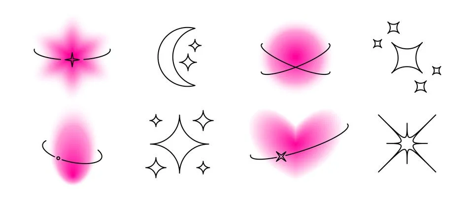 Y2k elements with linear decor set. Pink blurry aura shape collection. Blurred Stock Illustration