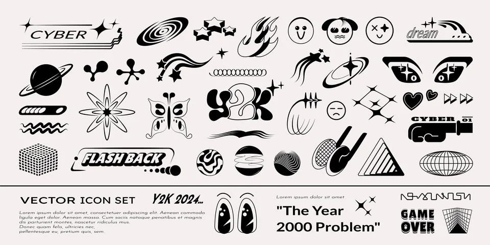 Y2K elements. Retro anime logo, streetwear or rave shapes and space black イラスト素材
