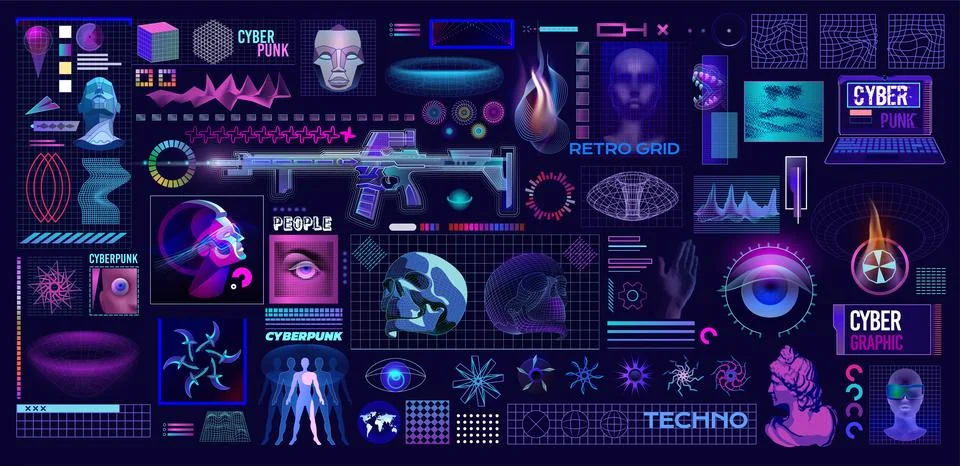 Y2k elements. Retro grid. Cyber graphic for techno. 3D skull and computer. .. Stock Illustration