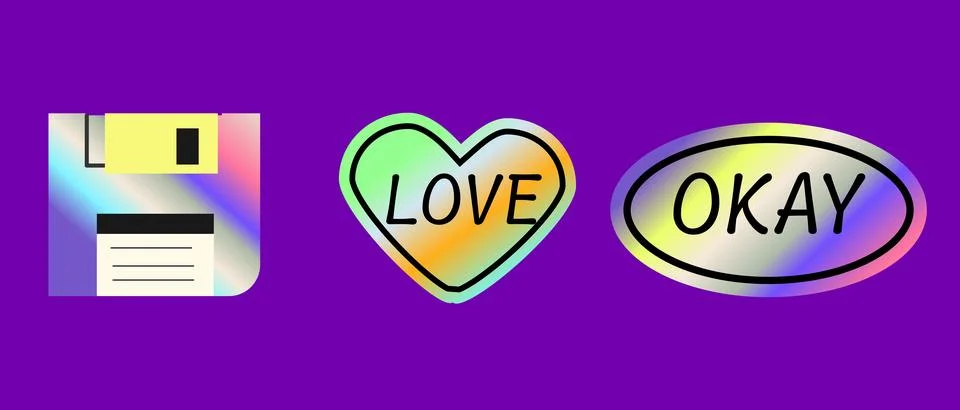 Y2k elements set with gradient, hologram stickers in futuristic retro style イラスト素材