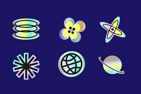 Y2k elements set with gradient, hologram stickers in futuristic retro style イラスト素材