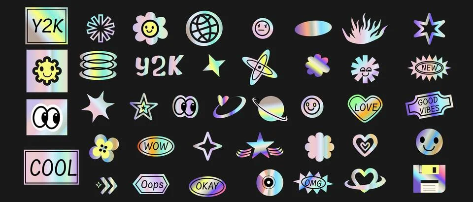 Y2k elements set with gradient, hologram stickers in futuristic retro style イラスト素材