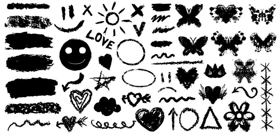 Y2k emo grunge set elements. Banners with brush strokes with splashes and drops Stock Illustration