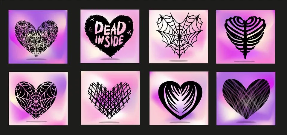 Y2k emo poster spider web hearts. Dead inside for t-shirts. Vector illustration Stock Illustration