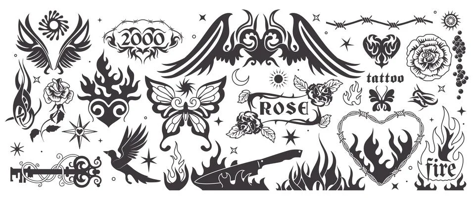 Y2k fire. Flame elements, gothic girly and tribal fonts, angel and heart in 9 Stock Illustration