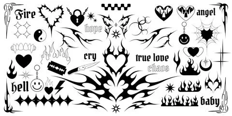 Y2k flame set. Gothic fire heart, girly tribal rave elements with butterfly or Stock Illustration