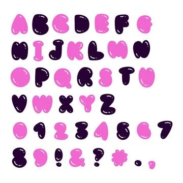 Y2K flat bubble style vector font. Plump rounded English alphabet with numbers Illustrazione stock