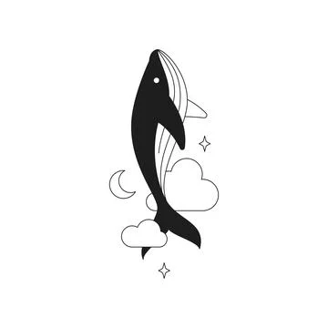 Y2k flying magic whale with cloud stars and half moon comic monochrome line r 스톡 일러스트