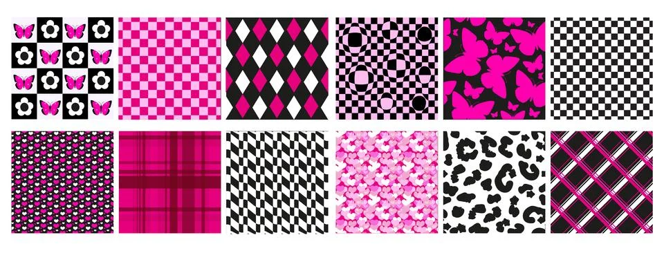 Y2k glamour emo pink seamless patterns set. 2000s aesthetic. Retro psychedelic 스톡 일러스트