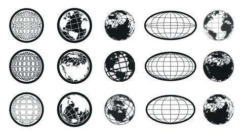 Y2k globe icon set with world maps Stock Illustration