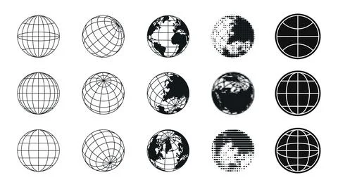 Y2k globe icons with world grid and earth map Stock Illustration