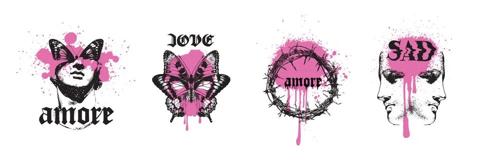 Y2k gothic sticker set, vector dark love tattoo print, emo vintage texture Illustrazione stock
