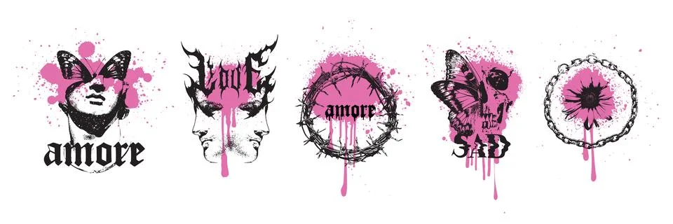 Y2k gothic sticker vector set, dark love tattoo print, emo vintage texture Illustrazione stock