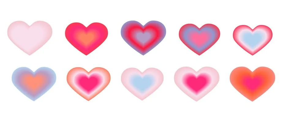Y2k gradient hearts vector collection. Blurred shapes in trendy cherry, red, イラスト素材