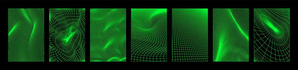 Y2k grid background set with neon green wireframe 스톡 일러스트