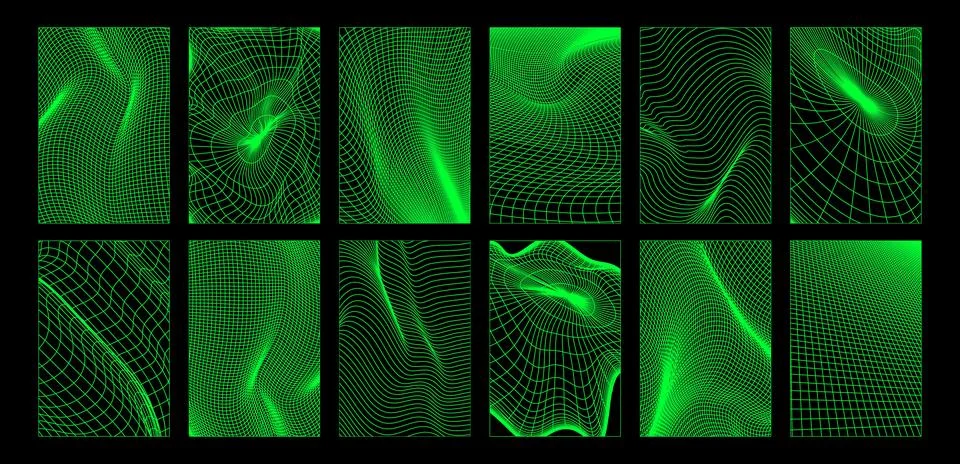 Y2k grid background set with neon green wireframe 스톡 일러스트