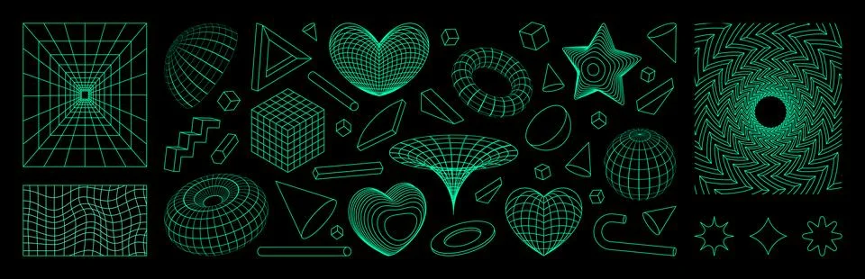 Y2k grid elements. 3D retro graphic shapes. Mesh pattern. Abstract line sph.. Stock Illustration