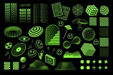 Y2k grid shapes, geometry wireframes. Cool acid rave frames, cyber and Stock-Illustration