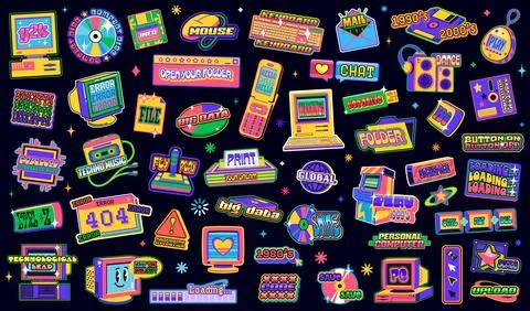Y2k groovy computer stickers, retro technology Stock Illustration