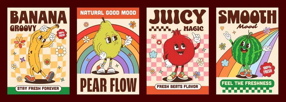 Y2K groovy funky fruit characters posters Stock Illustration