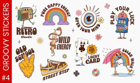 Y2K groovy funky hippie stickers and retro patches Stock Illustration