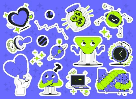 Y2K groovy science and technology colorful die-cut sticker sheet イラスト素材