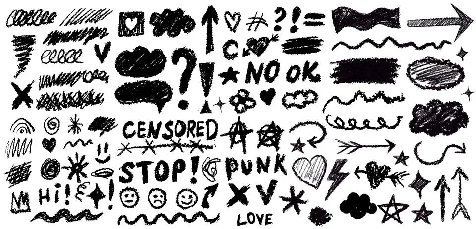 Y2k grunge set elements. Banners with brush strokes with splashes and drops Stock Illustration