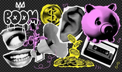 Y2k halftone collage elements set for mixed media design. Piggy bank Stock Illustration
