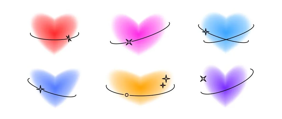 Y2k hearts with decor elements set. Colorful blurry aura shape collection Stock Illustration