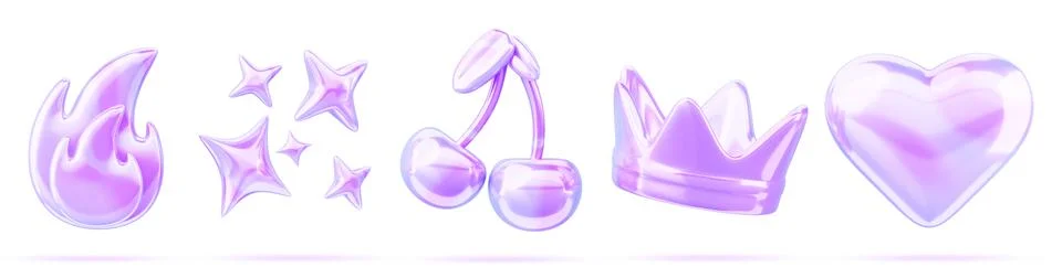 Y2K holographic 3d shape set. Iridescent inflatable crown, cherry, heart, fire Illustrazione stock