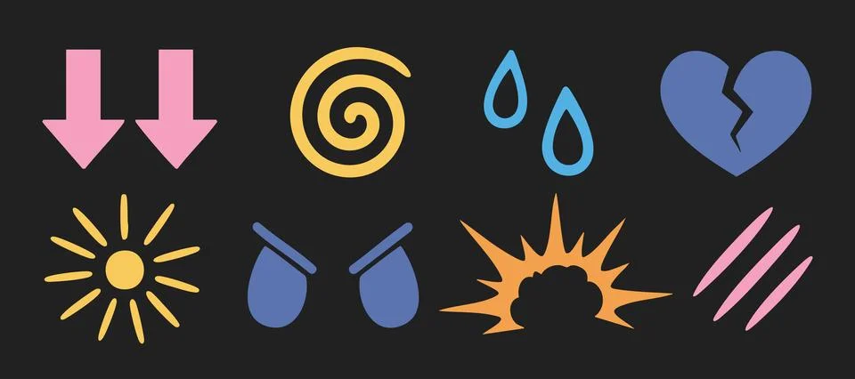 Y2k icon emotion comic visual mood drop heart sun burst anger work for cartoons Stock Illustration