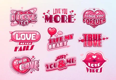 Y2k icons cartoon vector set pink romantic phrases Illustrazione stock