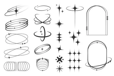 Y2K inspired abstract geometric elements, including sparkles, orbits, and f.. Stock Illustration