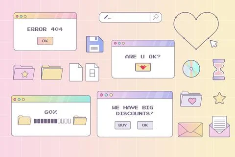 Y2k interface, Icon,  browser computer window set pastel Retrowave pc deskt.. Illustrazione stock