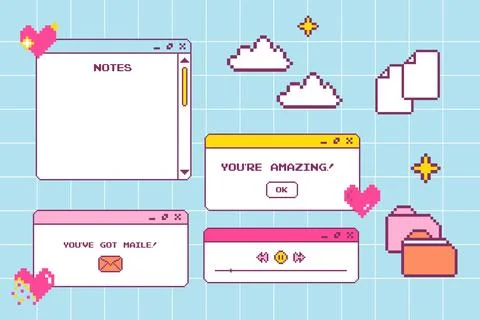 Y2k interface Retro browser computer window set pastel Retrowave pc desktop.. Stock Illustration