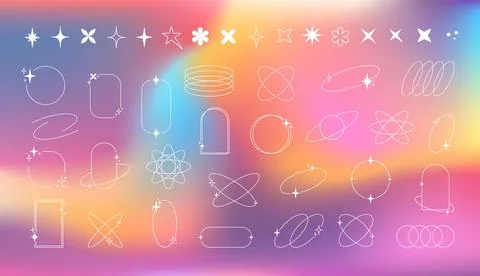 Y2K line art elements on colorful blurred gradient background, various white Illustrazione stock