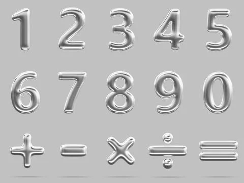 Y2K liquid chrome numbers font from 0 to 9. Silver inflated balloons isolated 3d Stock Illustration