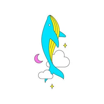 Y2k magic whale with cloud star and half moon fantasy cartoon character groov 스톡 일러스트