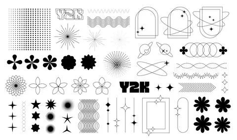 Y2K minimalist aesthetic line elements set, trendy linear frames with stars Stock Illustration